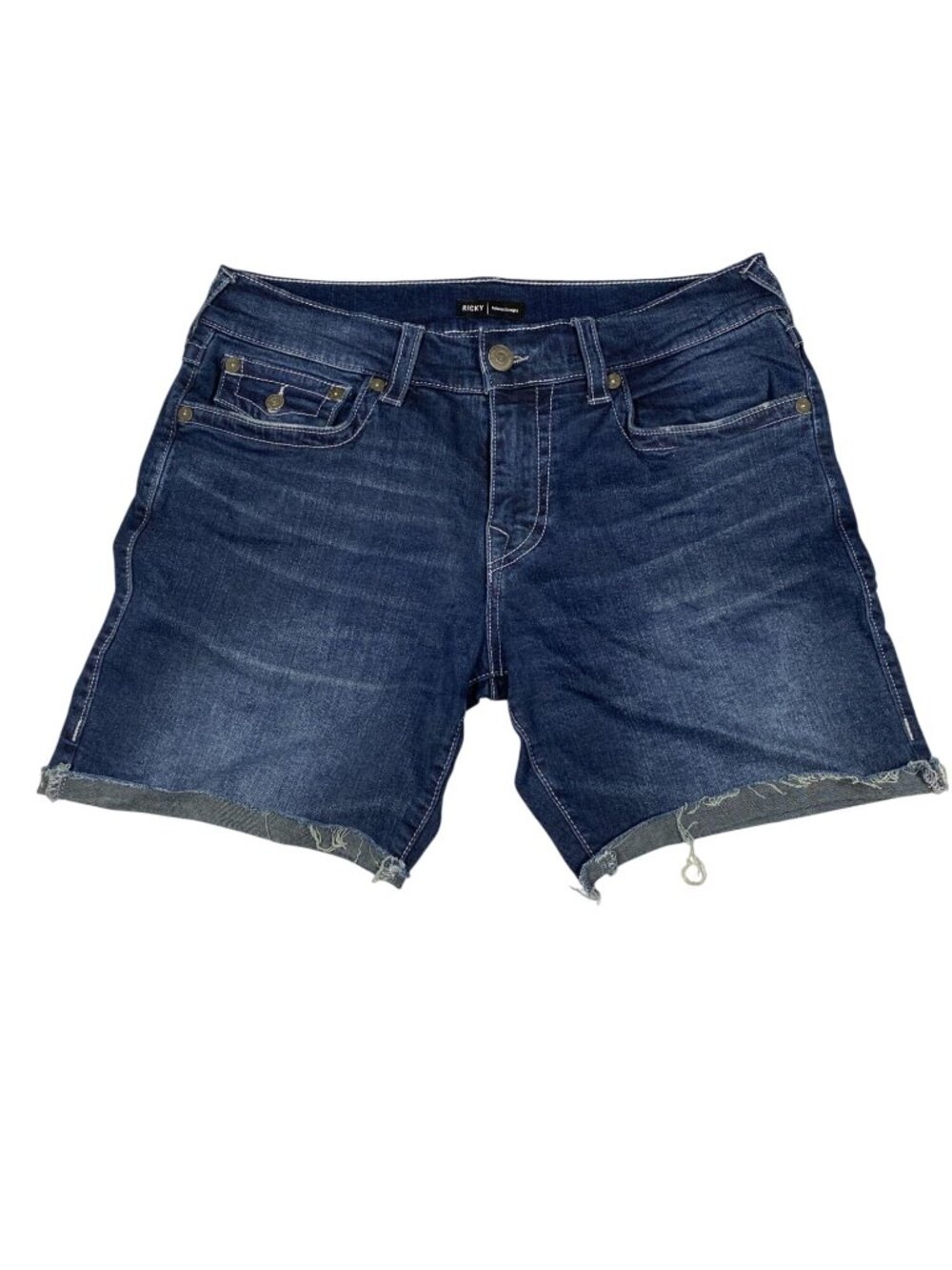True Religion Ricky Relaxed Straight Denim Shorts 31 Dark Wash Frayed Hem